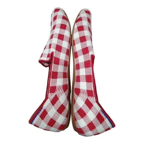 Rothy's Marta Ferri Merino Wool Red White Checkered Slip on Loafers Size 10