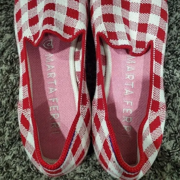 Rothy's Marta Ferri Merino Wool Red White Checkered Slip on Loafers Size 10