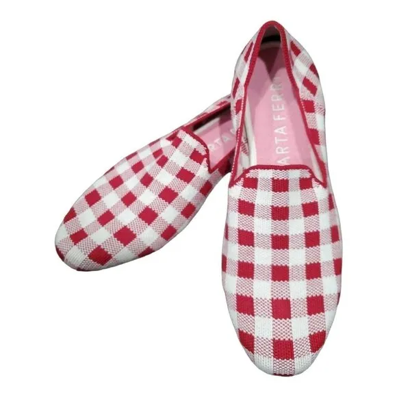Rothy's Marta Ferri Merino Wool Red White Checkered Slip on Loafers Size 10