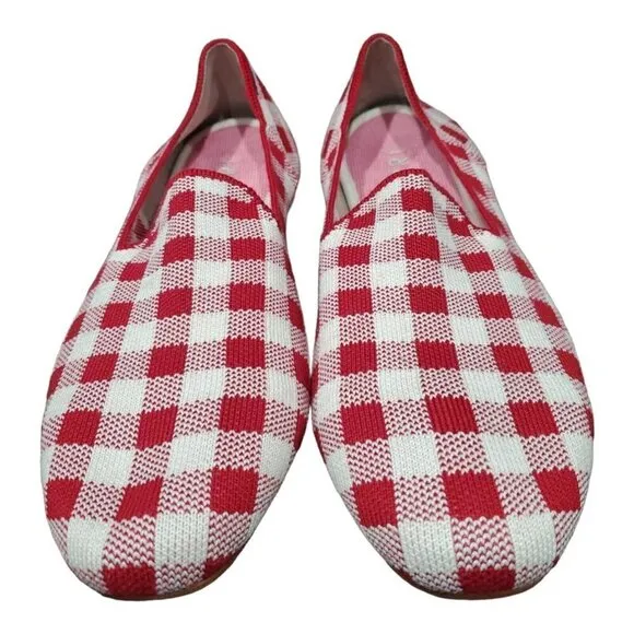 Rothy's Marta Ferri Merino Wool Red White Checkered Slip on Loafers Size 10