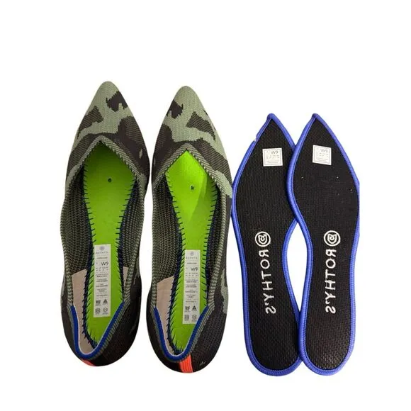 🟠Rothy’s Olive Camo Green Pointed Toe Slip On Shoes Flats Size 9