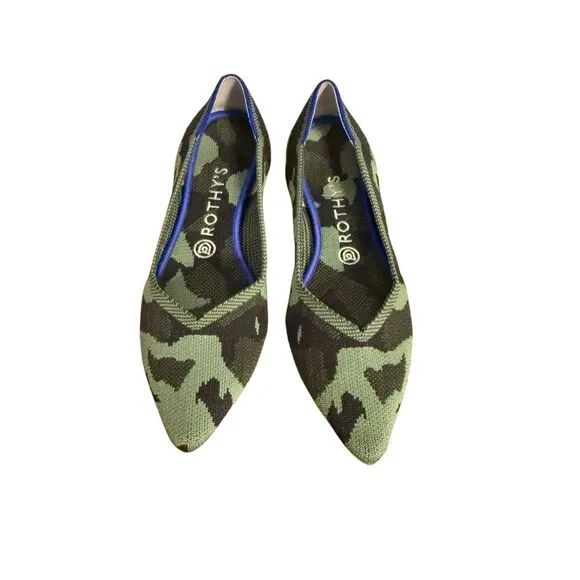🟠Rothy’s Olive Camo Green Pointed Toe Slip On Shoes Flats Size 9