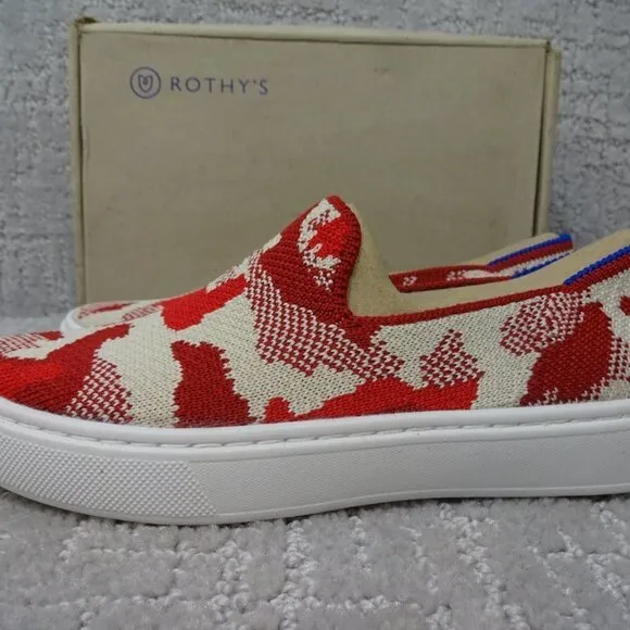 Rothy's The Kid Red Llama Camo Knit Slip On Sneaker Shoes Multiple Sizes