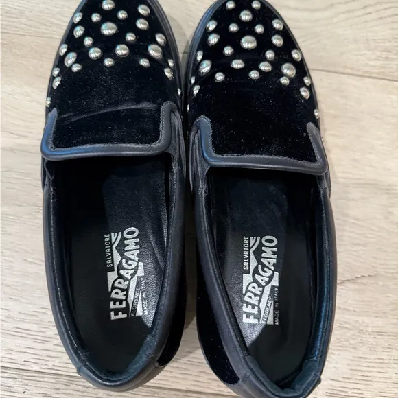 Salvatore Ferragamo Black Slip-On Shoes with Silver Studs