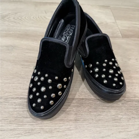 Salvatore Ferragamo Black Slip-On Shoes with Silver Studs