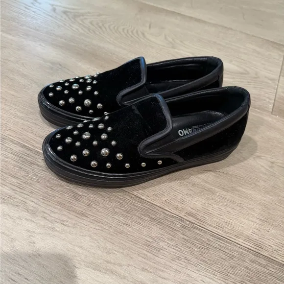 Salvatore Ferragamo Black Slip-On Shoes with Silver Studs