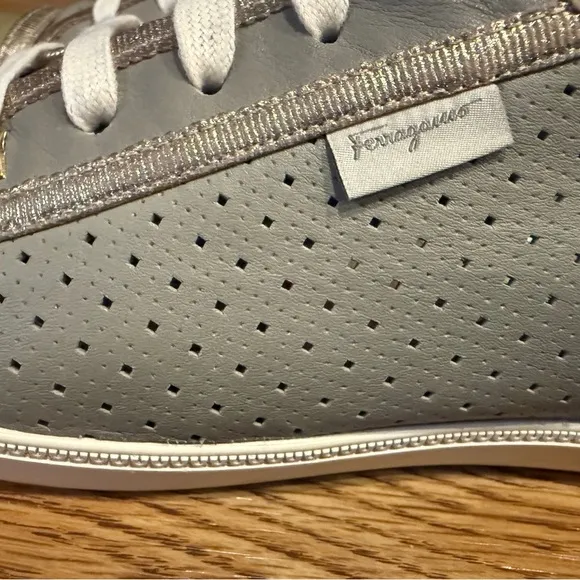Salvatore Ferragamo Green Leather Sneakers Gold Trim Size US 7