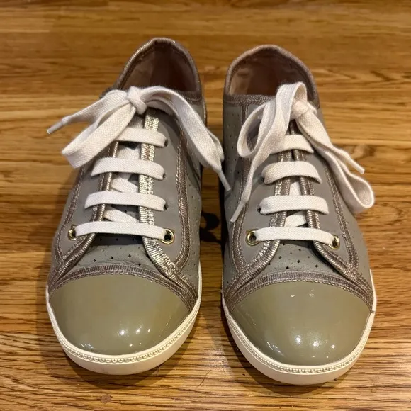 Salvatore Ferragamo Green Leather Sneakers Gold Trim Size US 7