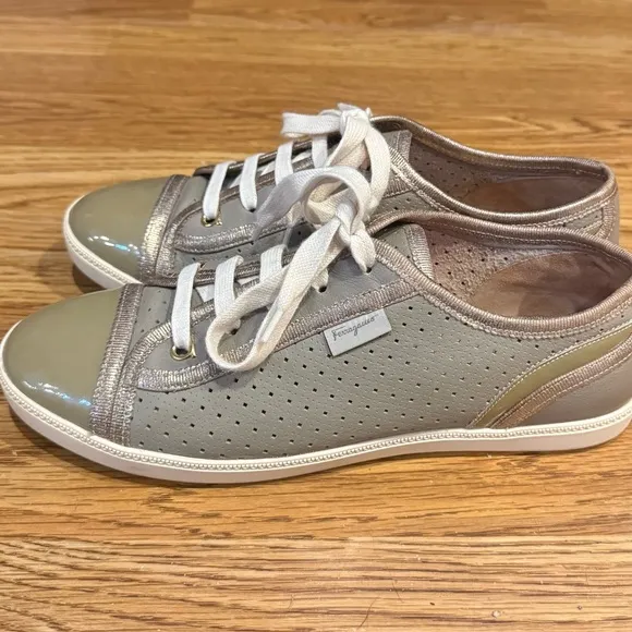 Salvatore Ferragamo Green Leather Sneakers Gold Trim Size US 7
