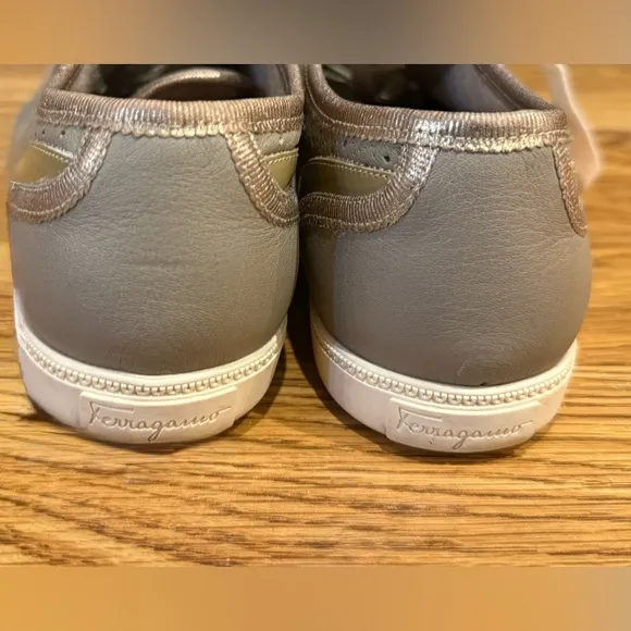 Salvatore Ferragamo Green Leather Sneakers Gold Trim Size US 7