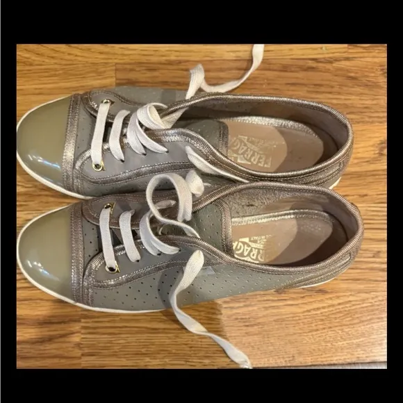 Salvatore Ferragamo Green Leather Sneakers Gold Trim Size US 7