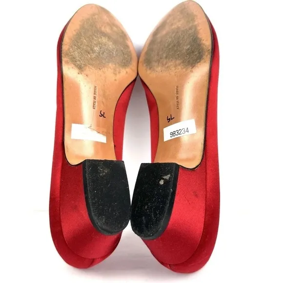 Salvatore Ferragamo Vera Bow Pump Shoes 10 Red Satin Slip On Heels Gold Womens