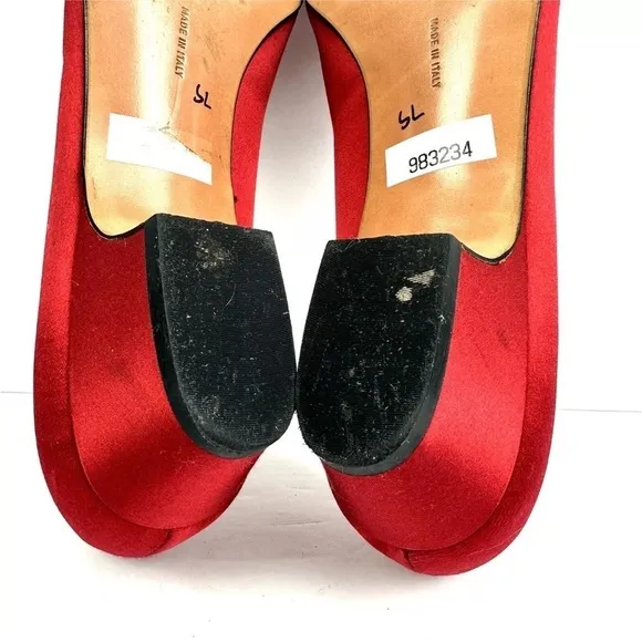 Salvatore Ferragamo Vera Bow Pump Shoes 10 Red Satin Slip On Heels Gold Womens