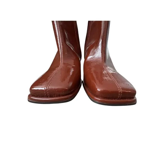 Sam Edelman Square Toe Patent Leather Rust Brown Heeled Boots Women's Size 9