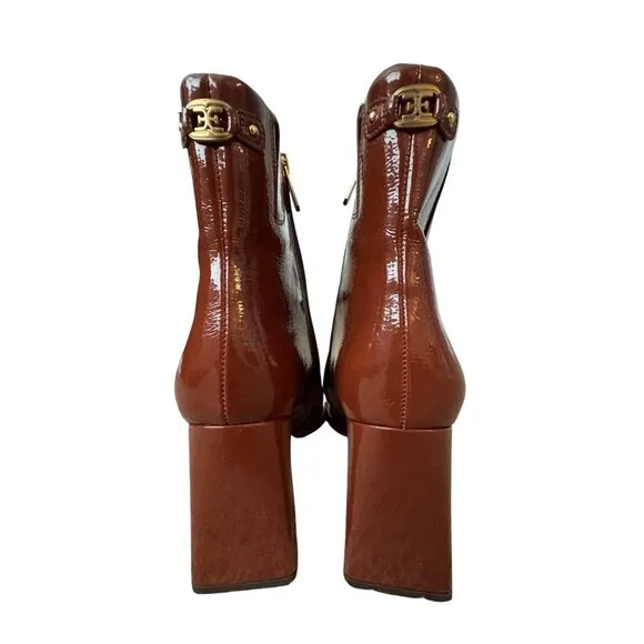 Sam Edelman Square Toe Patent Leather Rust Brown Heeled Boots Women's Size 9