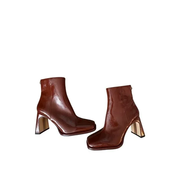 Sam Edelman Square Toe Patent Leather Rust Brown Heeled Boots Women's Size 9