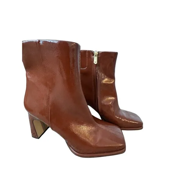 Sam Edelman Square Toe Patent Leather Rust Brown Heeled Boots Women's Size 9