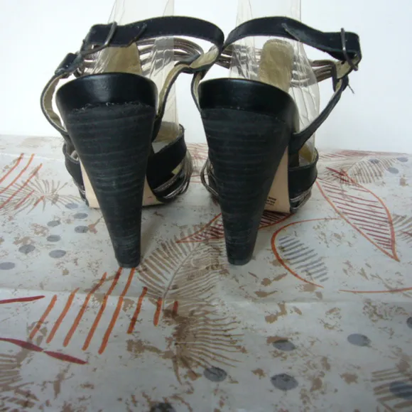 Seychelles Black Silver Caged Cone Heel Ankle Strap Sandal Size 5.5 Disco Night
