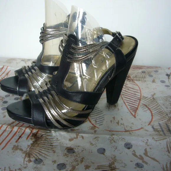 Seychelles Black Silver Caged Cone Heel Ankle Strap Sandal Size 5.5 Disco Night