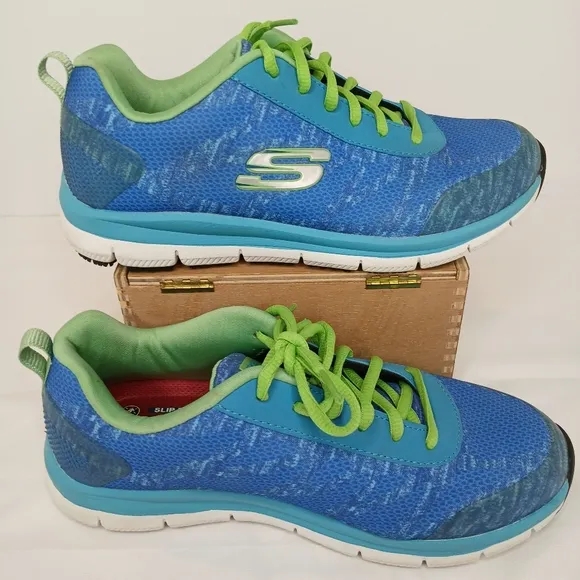 Skechers Work Slip Resistan Womens 8.5 Sneakers Blue Grn Air Cooled Memory Foam