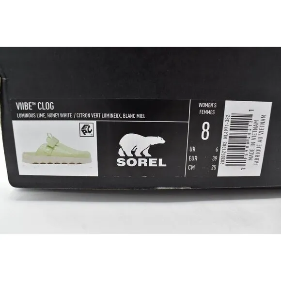 Sorel Womens Size 8 Viibe Lime Green White Croc Embossed Slip On Clogs Shoes