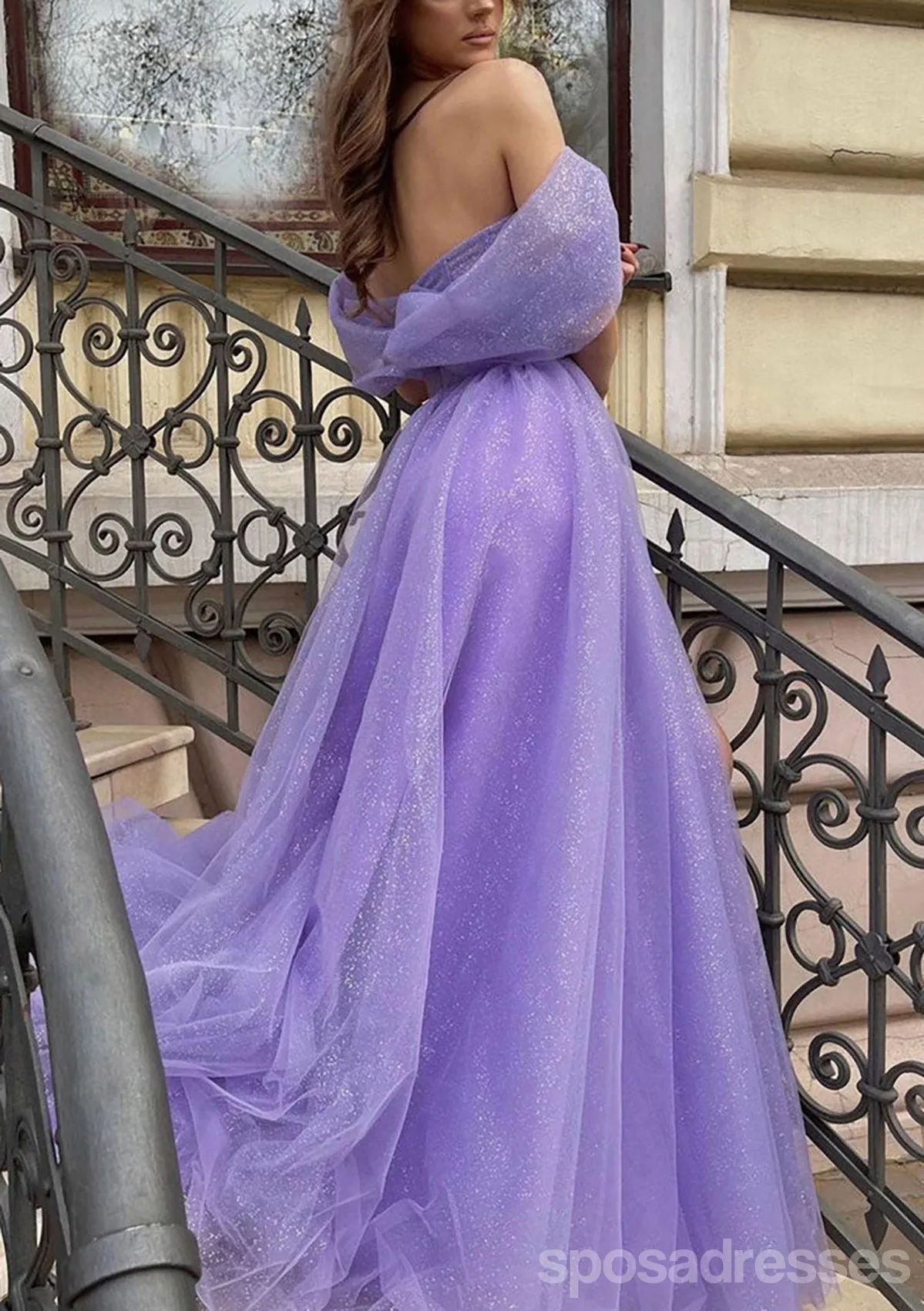 Sparkly A-line Off Shoulder Side Slit Maxi Long Prom Dresses Online,13236