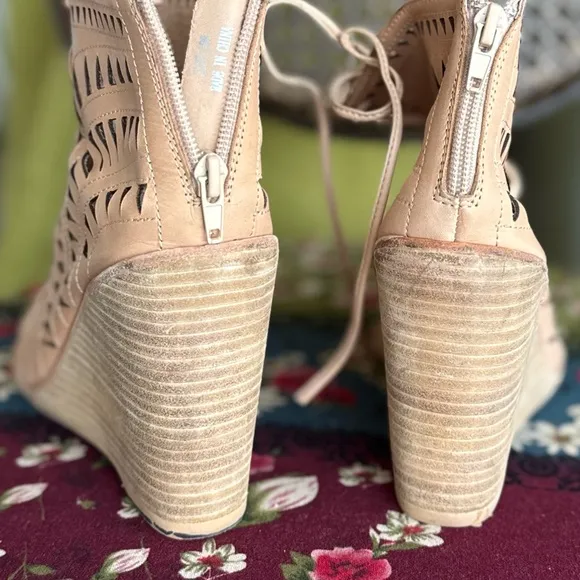 Tan laser cut perforated wedges leather shoes