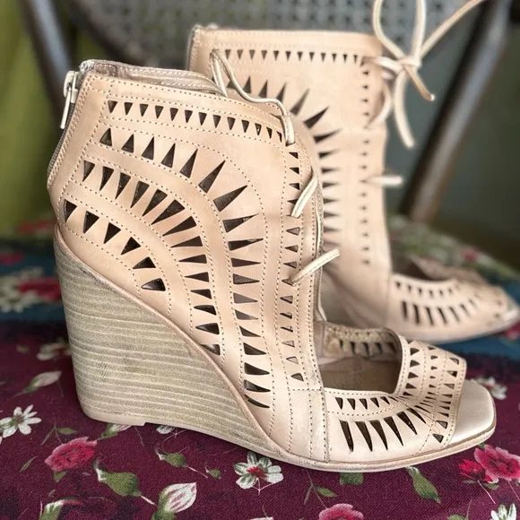 Tan laser cut perforated wedges leather shoes