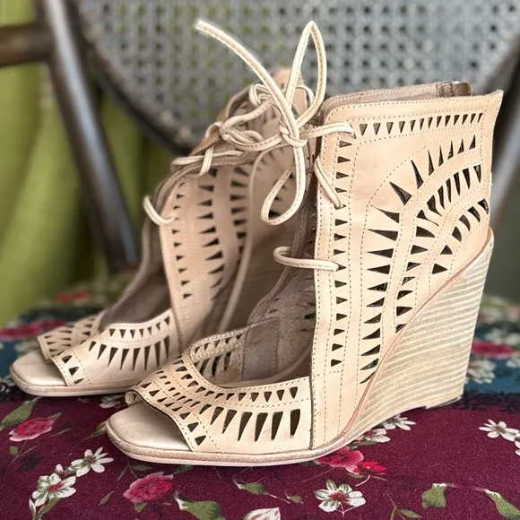 Tan laser cut perforated wedges leather shoes