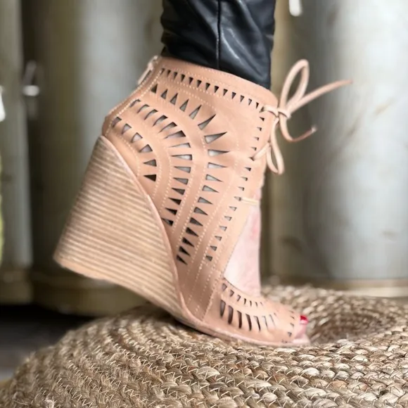 Tan laser cut perforated wedges leather shoes
