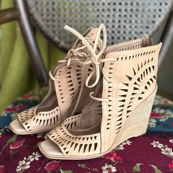 Tan laser cut perforated wedges leather shoes
