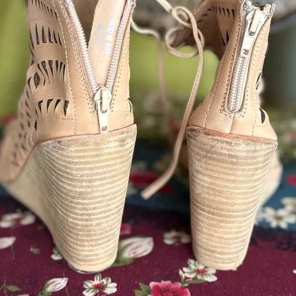 Tan laser cut perforated wedges leather shoes