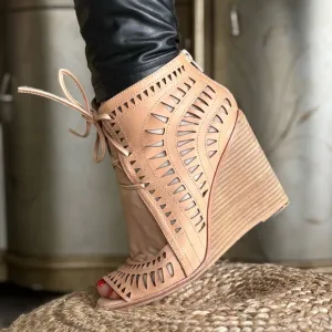Tan laser cut perforated wedges leather shoes