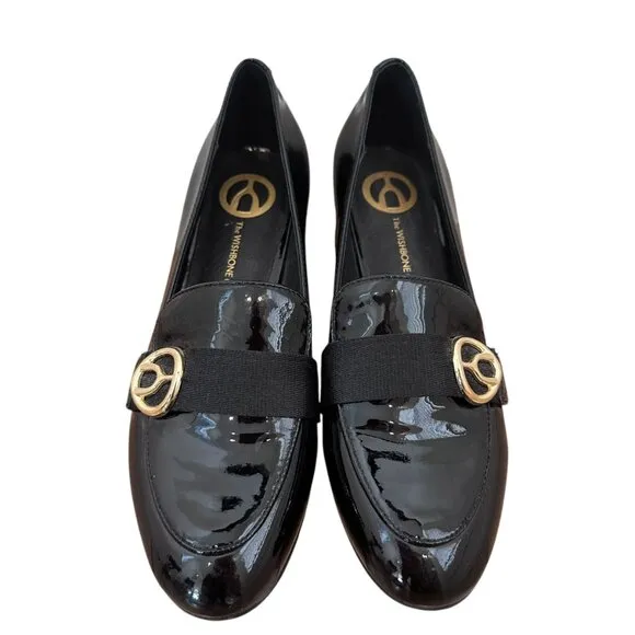 The Wishbone Collection Black Patent Block Heel Gold Embellished Loafer Size 6.