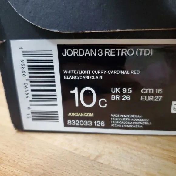 Toddlers Air Jordan 3 Retro (TD) Cardinal Sneakers White Red Size 10c Toddler