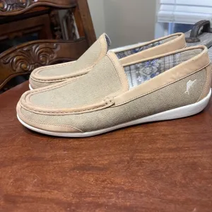 TOMMY BAHAMA 11 M Shoes Loafers Taormina Tan Canvas Linen Leather Trim Slip-on