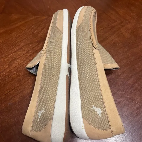 TOMMY BAHAMA 11 M Shoes Loafers Taormina Tan Canvas Linen Leather Trim Slip-on