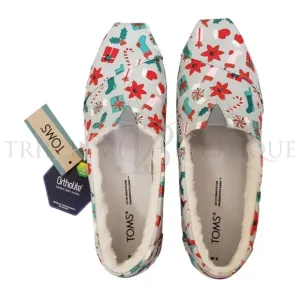 TOMS Alparagata Ortholite Faux Fur Grey Deck the Halls Foil Print Slip-On Shoe