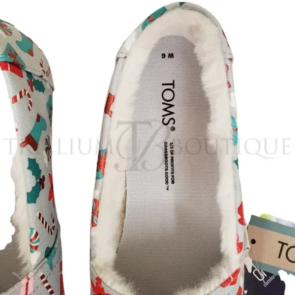 TOMS Alparagata Ortholite Faux Fur Grey Deck the Halls Foil Print Slip-On Shoe