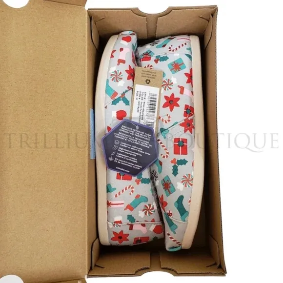 TOMS Alparagata Ortholite Faux Fur Grey Deck the Halls Foil Print Slip-On Shoe