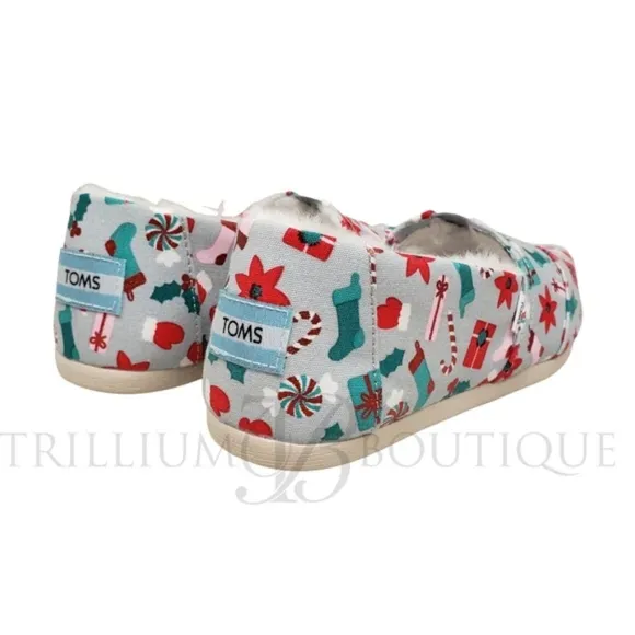 TOMS Alparagata Ortholite Faux Fur Grey Deck the Halls Foil Print Slip-On Shoe