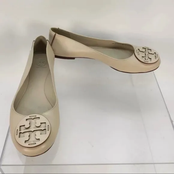 Tory Burch Beige Leather Slip-On Emblem Cap Ballet FlatsSize 9M