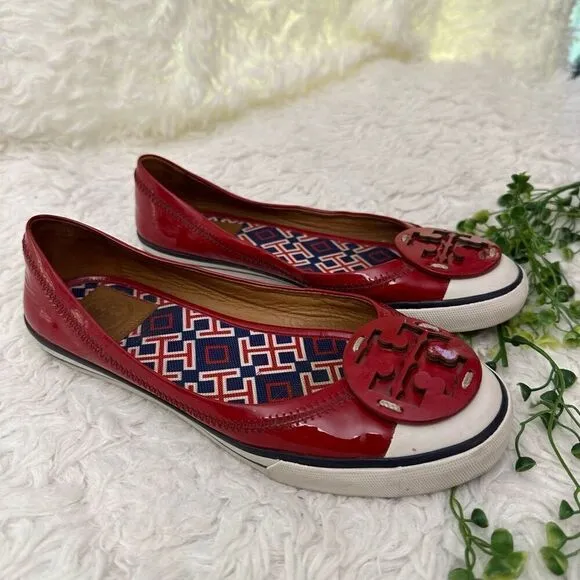 Tory Burch Cherry Red Patent Leather Logo Flats Slip On Shoes sz 5.5