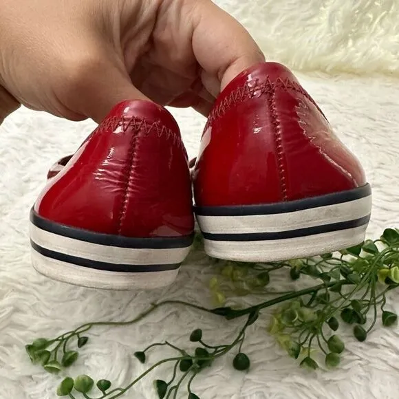 Tory Burch Cherry Red Patent Leather Logo Flats Slip On Shoes sz 5.5