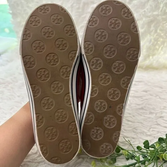 Tory Burch Cherry Red Patent Leather Logo Flats Slip On Shoes sz 5.5