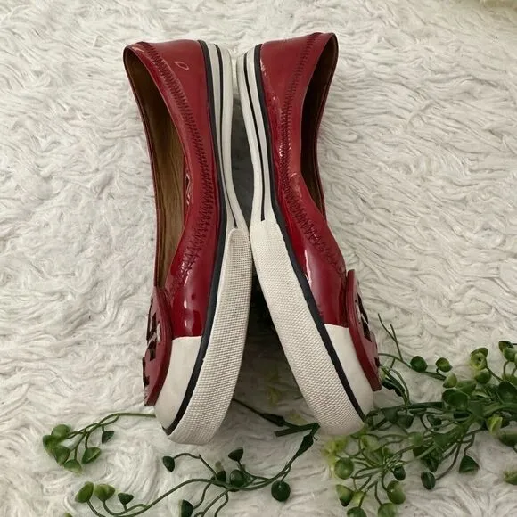 Tory Burch Cherry Red Patent Leather Logo Flats Slip On Shoes sz 5.5