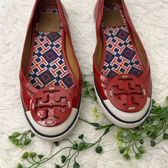 Tory Burch Cherry Red Patent Leather Logo Flats Slip On Shoes sz 5.5