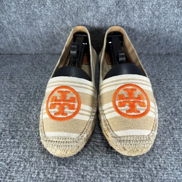 Tory Burch Espadrille Womens 9 Tan Orange Striped Slip On Shoes Logo