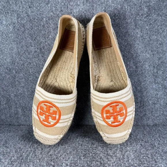 Tory Burch Espadrille Womens 9 Tan Orange Striped Slip On Shoes Logo