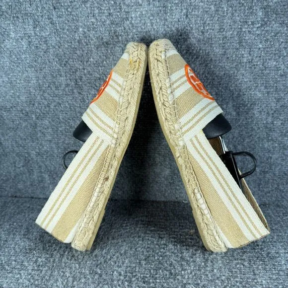 Tory Burch Espadrille Womens 9 Tan Orange Striped Slip On Shoes Logo